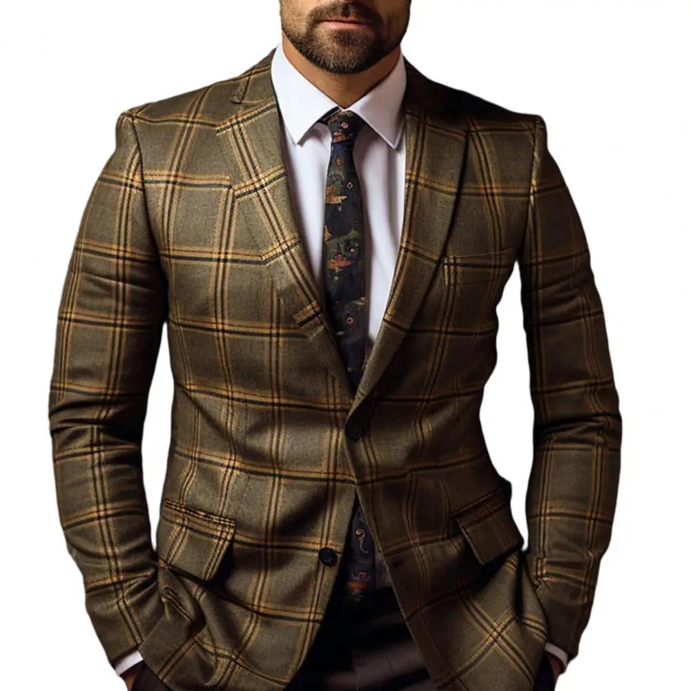 Vintage Men Suit Formal Slim Fit Plaid Print Business Jacket Long Sleeve Single Button Men Office Attire Coat