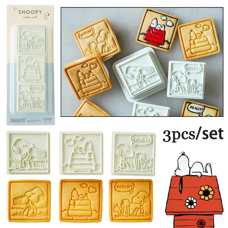 3pcs Snoopy Cookies Cutters Plastic Cartoon Pressable Biscuit Mold Cookie Mould Stamp Baking Pastry Kitchen Bakeware Tools Gift