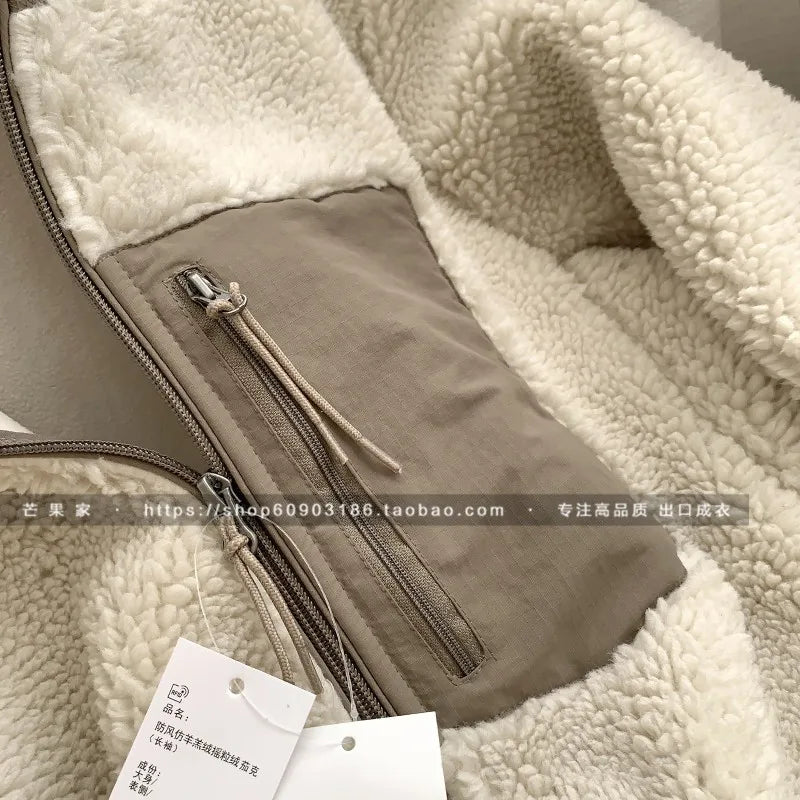 Autumn Winter Lambswool Coat Male Loose Windproof Warm Sherpa Stand Collar Polar Fleece Jacket Unisex Simple  Pocket Spliced Top