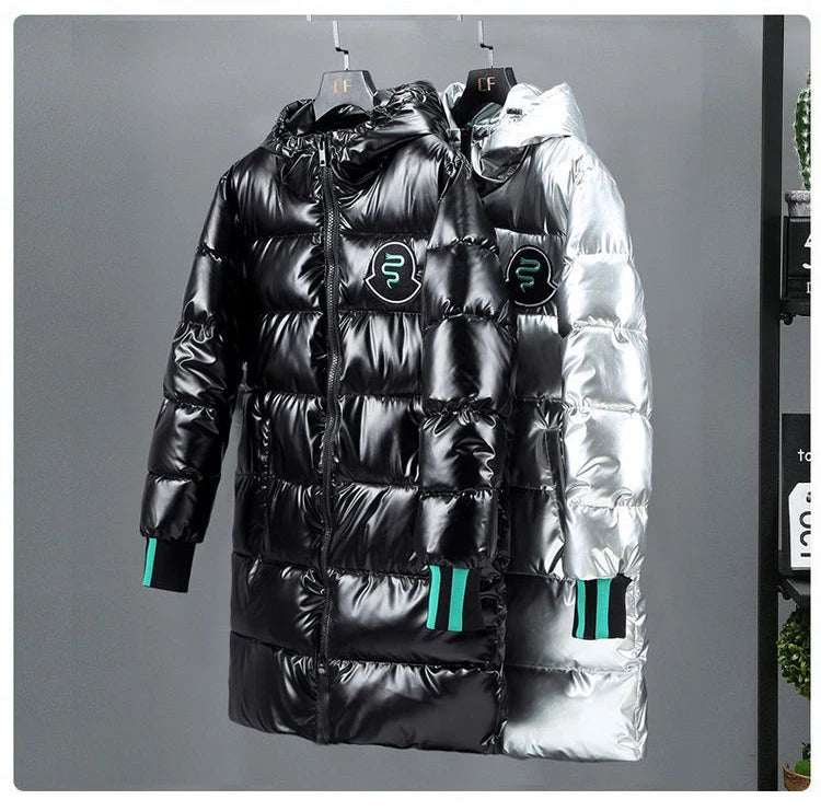 Men's Mid Length Cotton Down Jacket, Thick Down Overcoat, Glossy Coat, Quilted Hoodie, Hat, Winter Trend, Casual, New