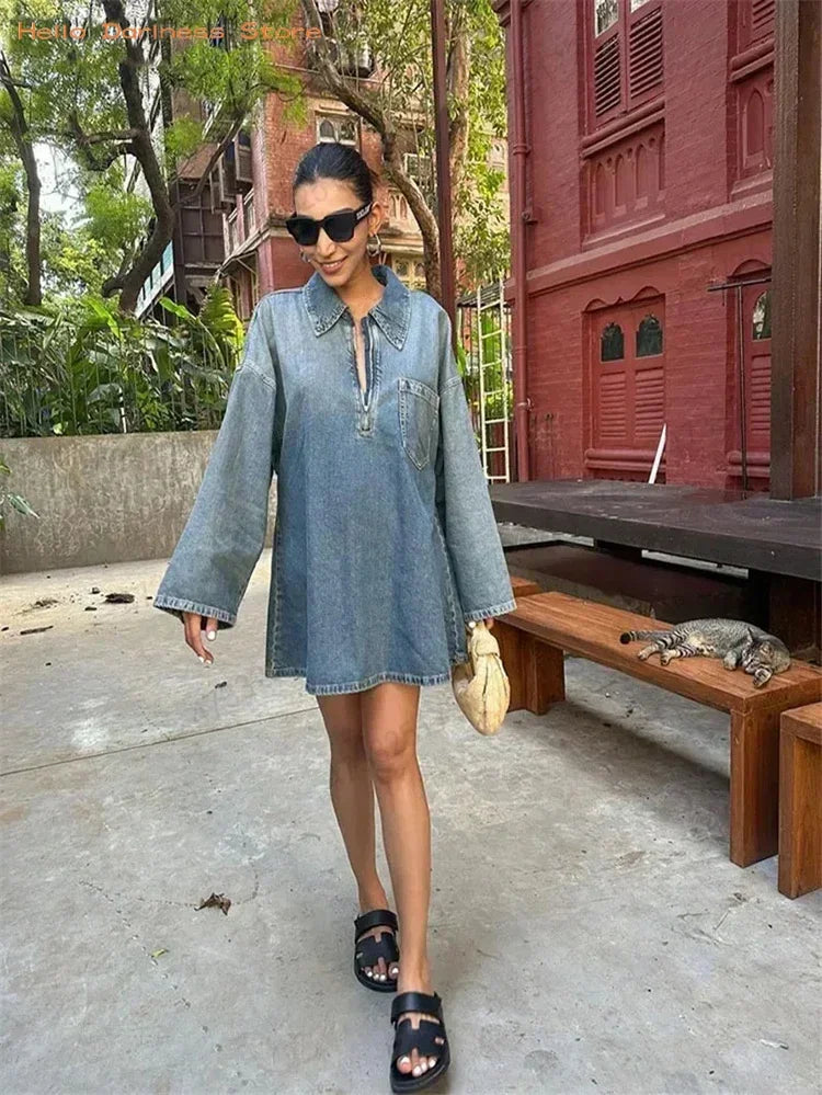 Women's Denim Dresses Lapel Zip Mini Long Sleeve Dresses Fashion Casual Loose Patch Pocket Party Commuter Denim Dresses
