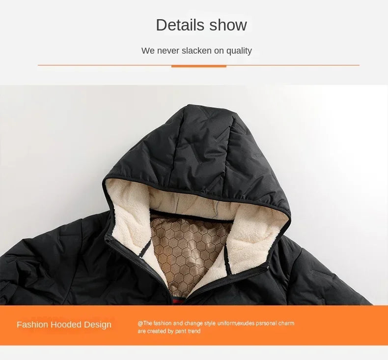 2024 new men's imitation wool cotton jacket thick and warm plus size loose and casual versatile solid color simple hooded top