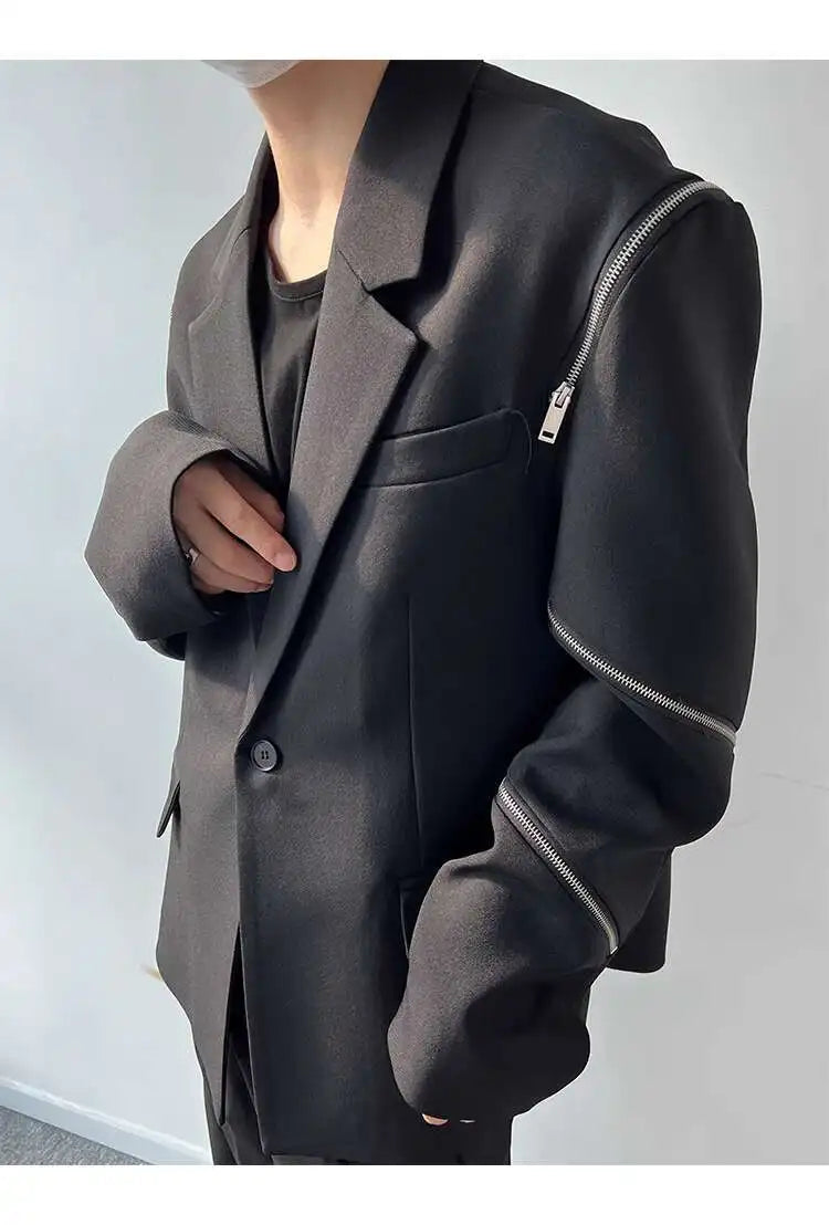 IEFB Zipper Men Suit Personalized Design Coat Casual 2023 Solid Color Long Sleeve Zipper Decoration Male Jacket Darkwear 9A5018