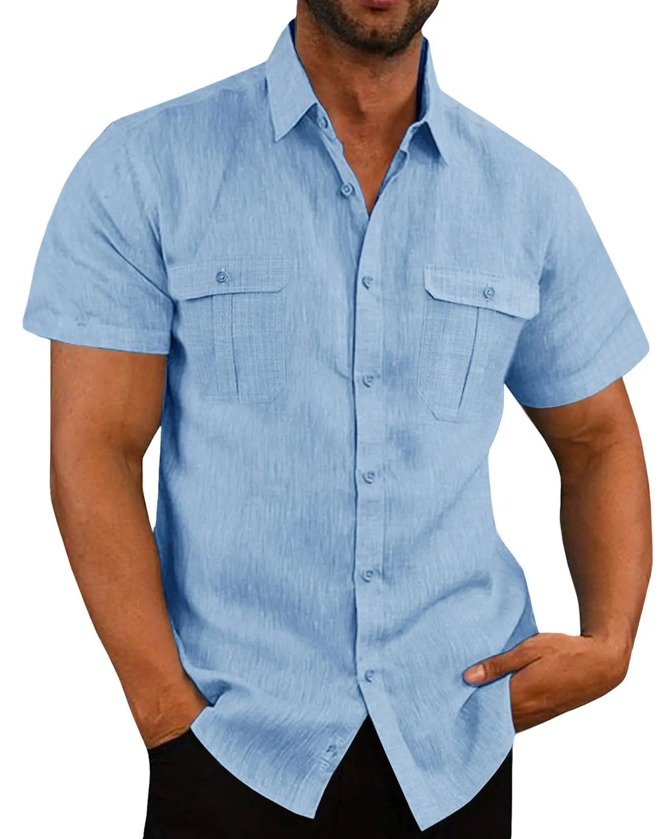 Cotton Linen Hot Sale Men Short-Sleeved Shirts Summer Solid Color Stand-Up Collar Casual Beach Style Plus SizeMale Shirts