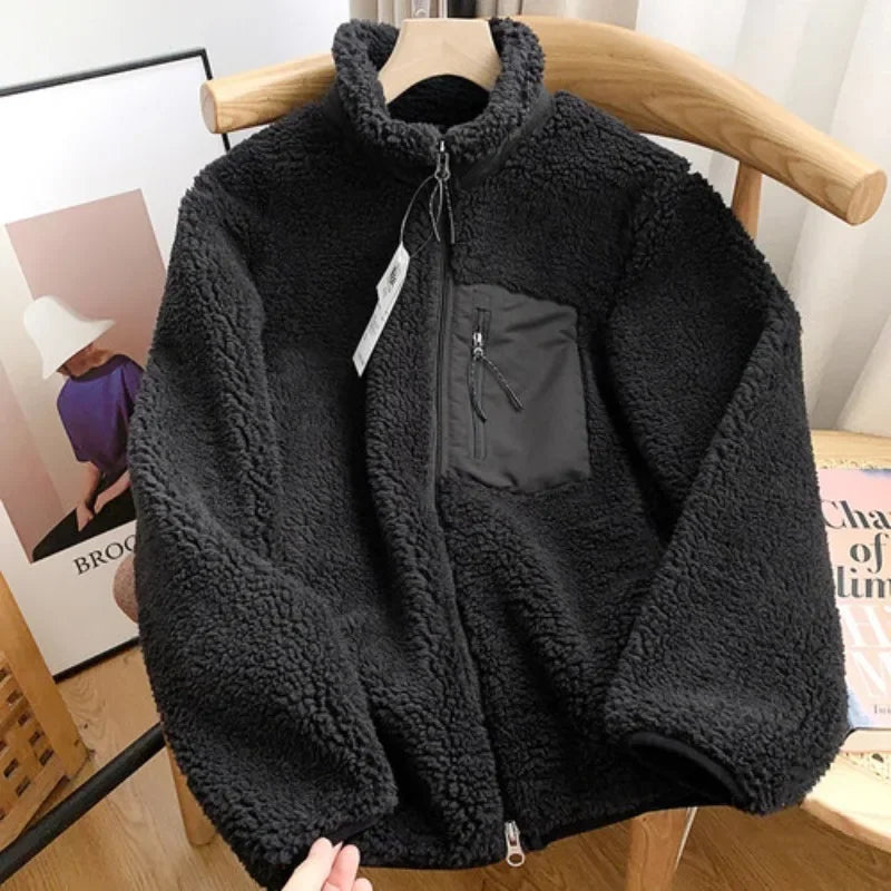 Autumn Winter Lambswool Coat Male Loose Windproof Warm Sherpa Stand Collar Polar Fleece Jacket Unisex Simple  Pocket Spliced Top