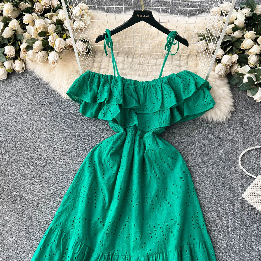 SINGREINY High Street Cotton Embroidery Long Dress Women Hollow Out Backless Beach Sundress Fashion Off the Shoulder Sexy Dress