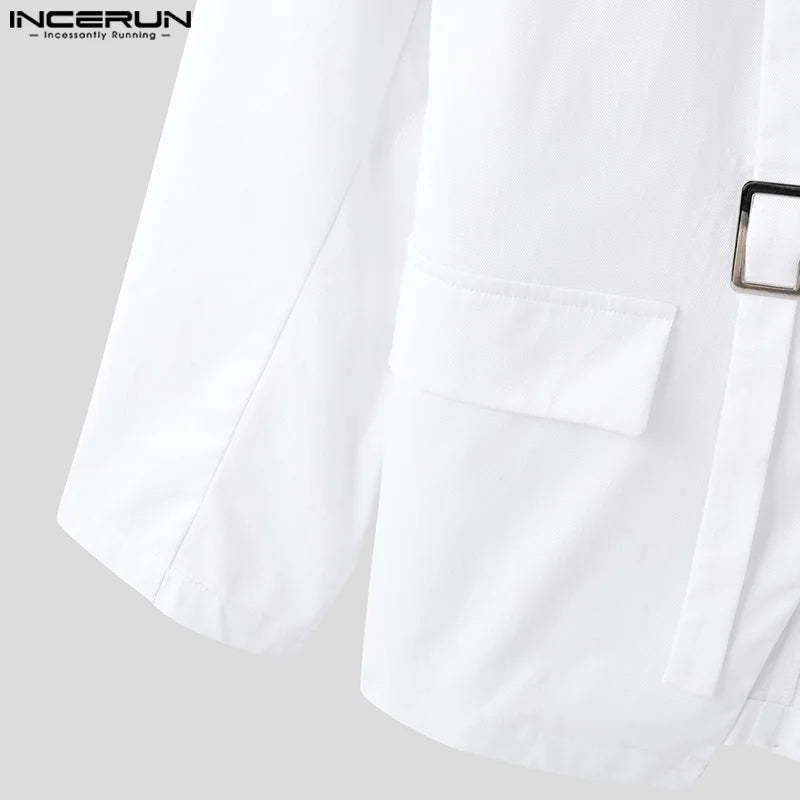 INCERUN Tops 2025 American Style Fashion Men Hollow Button Design Suit Coat Casual Streetwear Solid Long Sleeved Lace Up Blazers