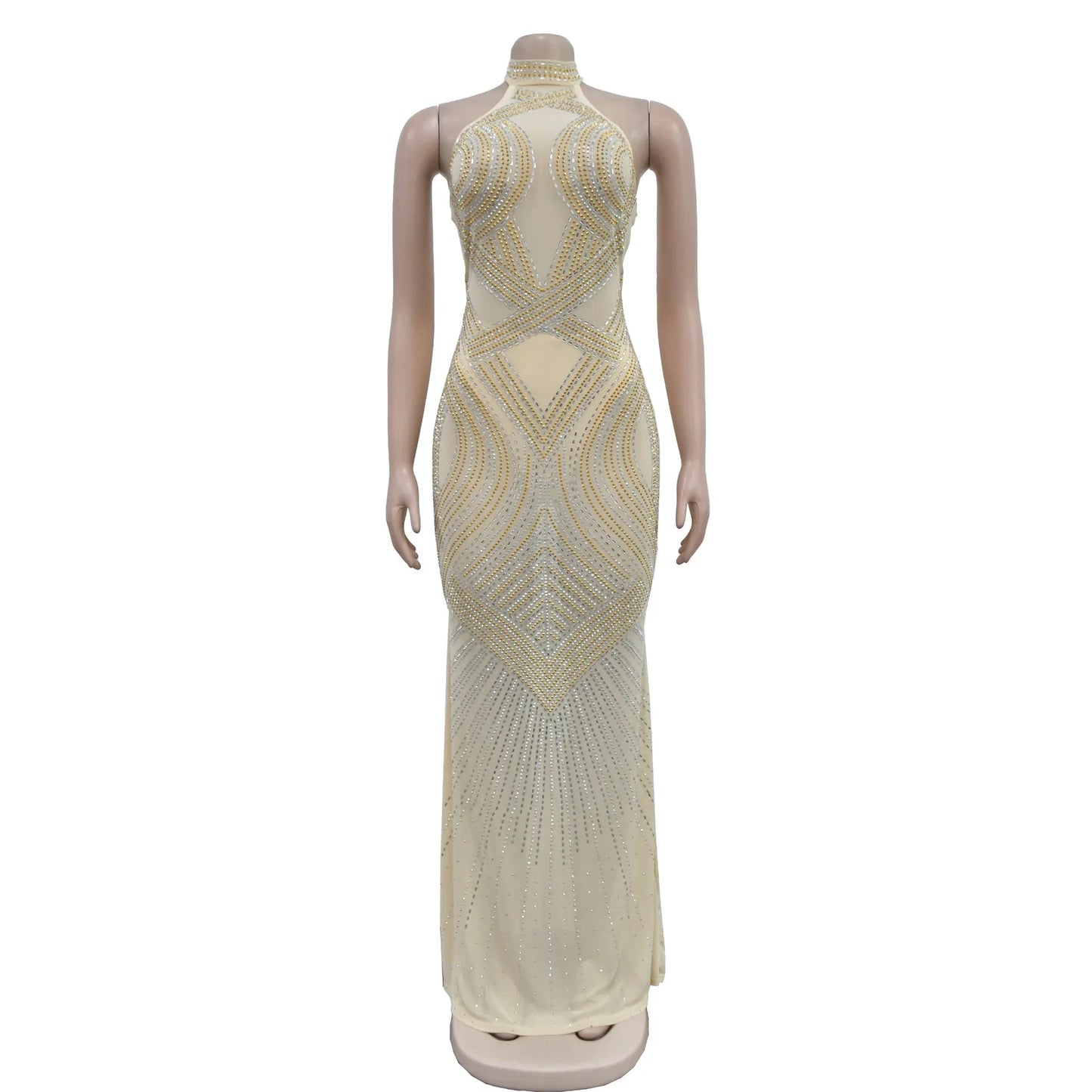 Fashion Women's Wear Solid Color Mesh Hot Rhinestone Halter Maxi Dress Sleeveless Formal Evening Long Dress Skinny Slim