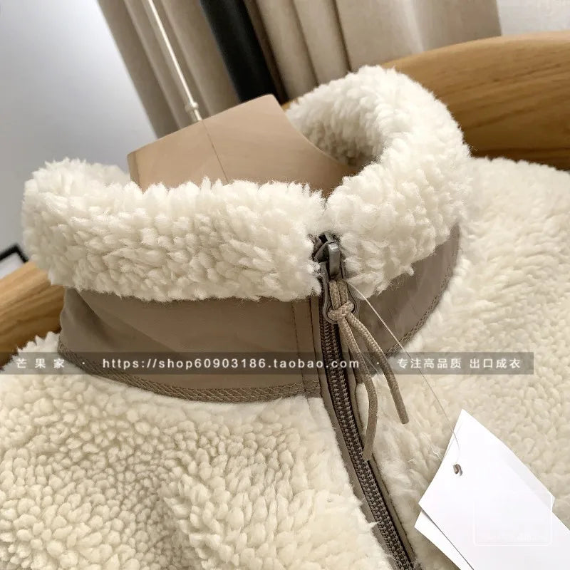 Autumn Winter Lambswool Coat Male Loose Windproof Warm Sherpa Stand Collar Polar Fleece Jacket Unisex Simple  Pocket Spliced Top