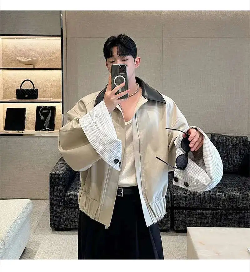 LUZHEN 2025 Spring Design Leather Collar Trendy Jacket Personalized Handsome Trendy Classy Versatile Color Contrast Tops LZ8146