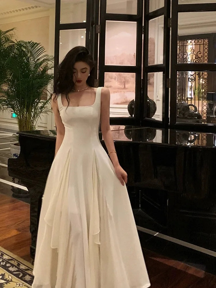 Summer Solid Elegant Camisole Long Dress Women Sweet Sleeveless A-Line Ruffles Fairy Dress Female Evening Party Vestidos Largos