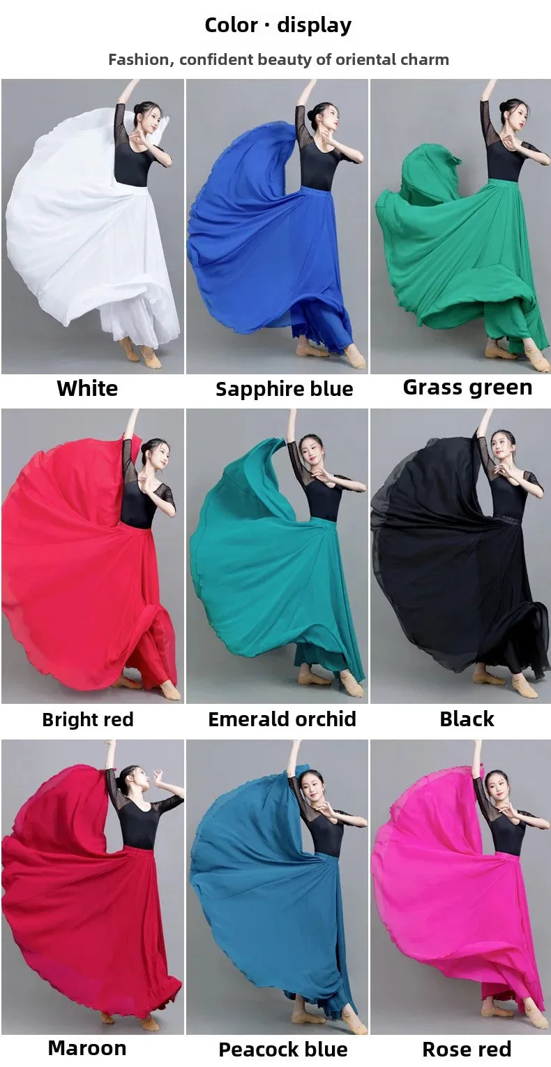 720 Degree Wide Dancing Skirt Chiffon Double Layer Semi-Long Dress Women's Solid Color Xinjiang Dance Skirt