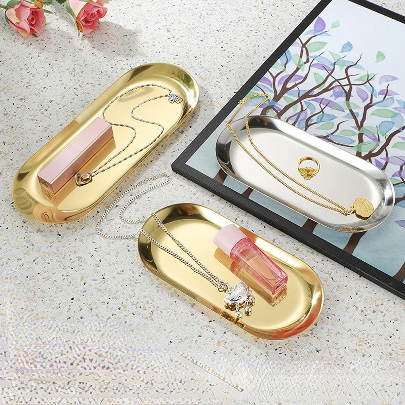 Stainless Steel European Jewelry Storage Tray Metal Cosmetic Storage Oval Cake Fruit Dessert Tray Snack Plate Kitchen Organizer