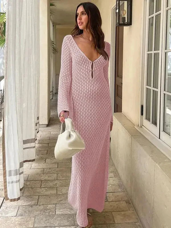 Sexy Cover Up Long Sleeve Long Dress Women Backless Beach Wear Bathing Suit Knitting Swimwear knitted Beach Dress Tunic Robe