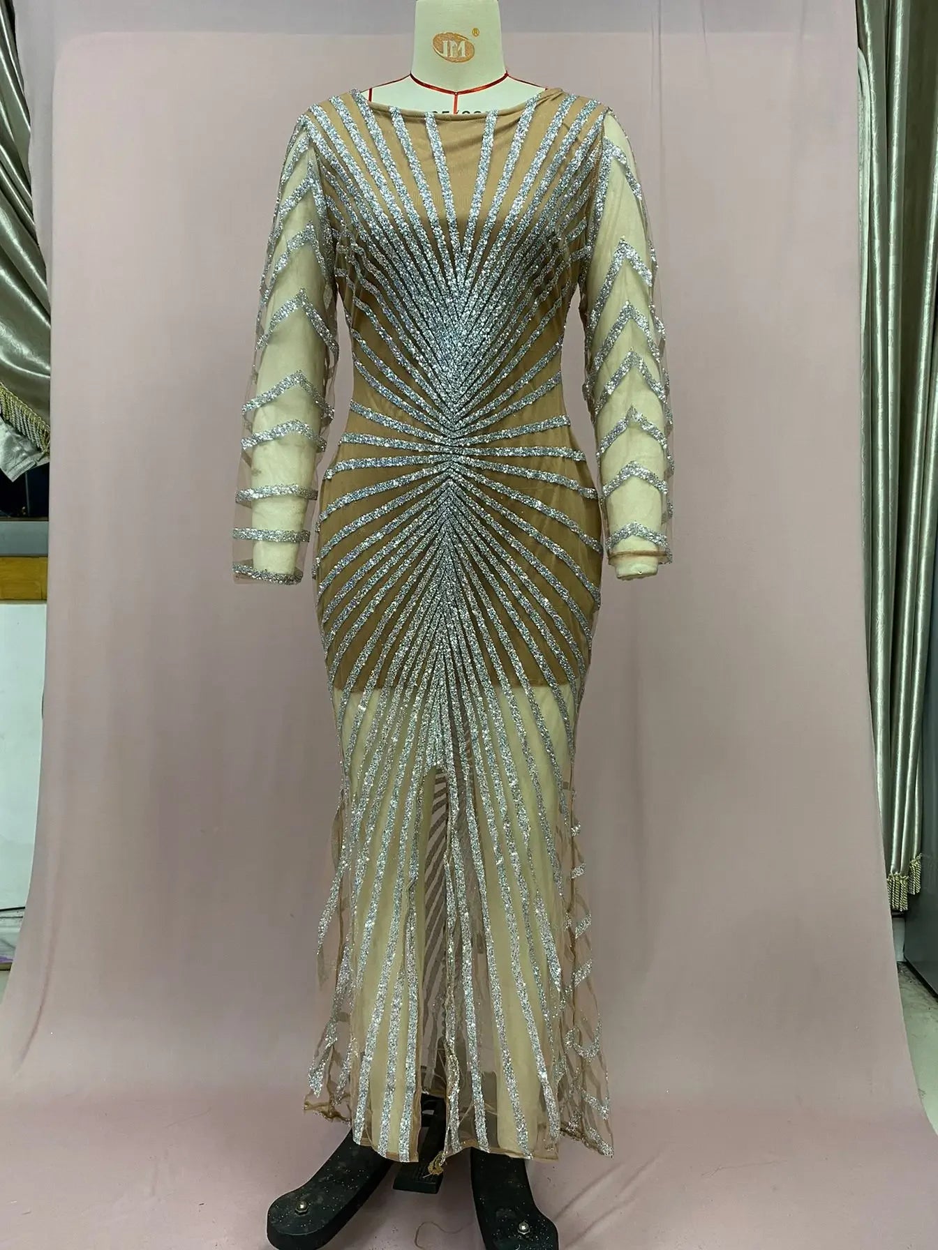2024 New Spring Fashionable Embellished Women's Mesh Dress Long Sleeve Side Slit Long Dress For Women