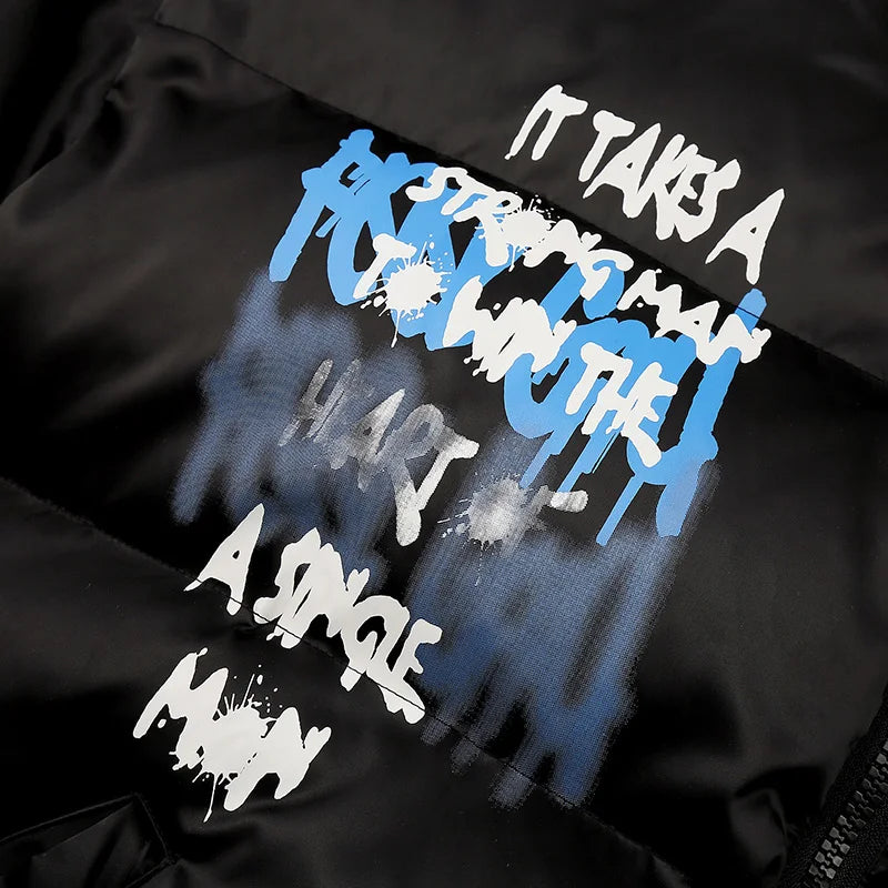2025 Hip Hop Jacket Parka Happy Graffiti Print Men Windbreaker Streetwear Harajuku Winter Padded Jacket Coat Warm Outwear Thick
