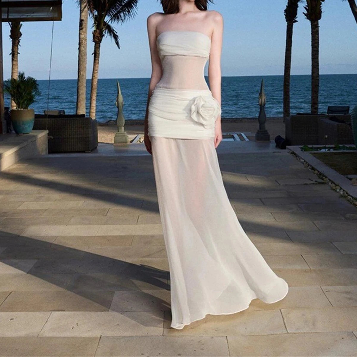 Fashion Strapless Dress With Ribbon Female Elegant Sleeveless Patchwork Mesh Beach Vacation Long Dress 2025 Summer New Dress