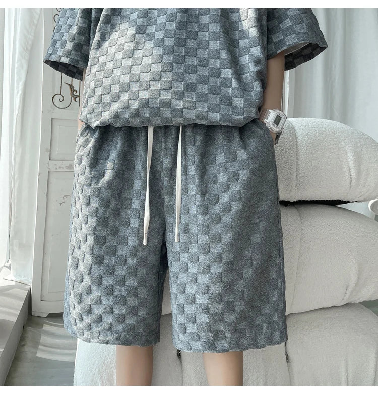 Men's Set Fashion Summer Loose Casual Plaid T Shirts And Shorts High Quality Korean Luxury Clothing Men's Clothes Big Size 5XL-M