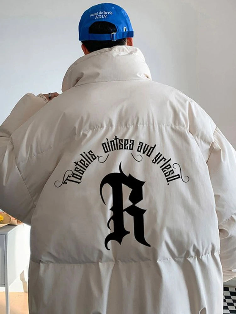 Gmiixder Men's Winter Punk Letter Parkas Hip Hop Oversize Thickened Down Jacket Oversize Padded Jacket Cool Bread Zipper Up Coat