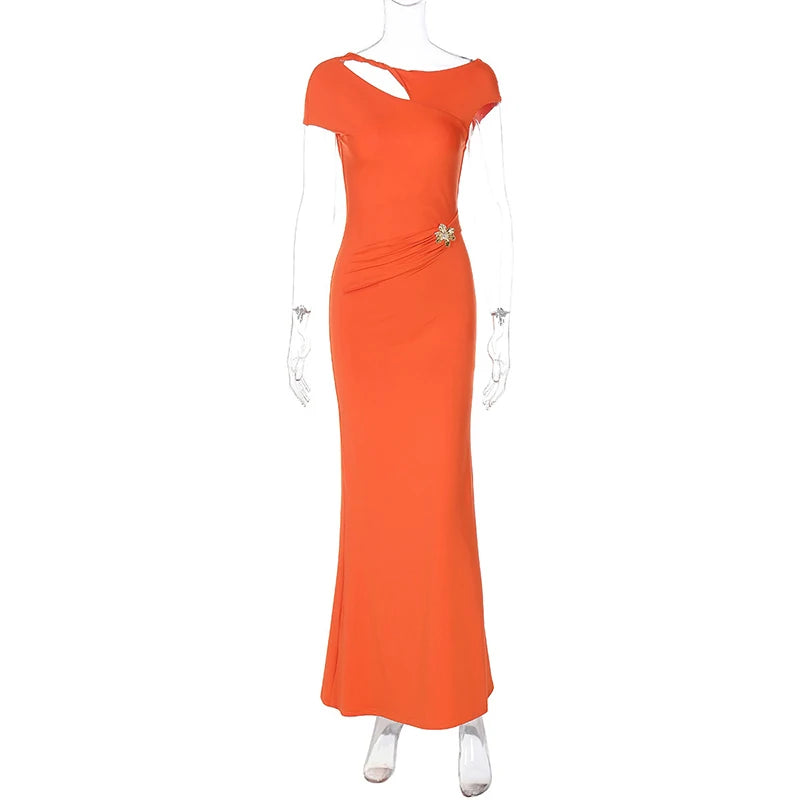 Mozision Hollow Out Backless Sexy Maxi Dress For Women Fashion Metal Buckle Solid Short Sleeve High Waist Slim Fit Long Dress