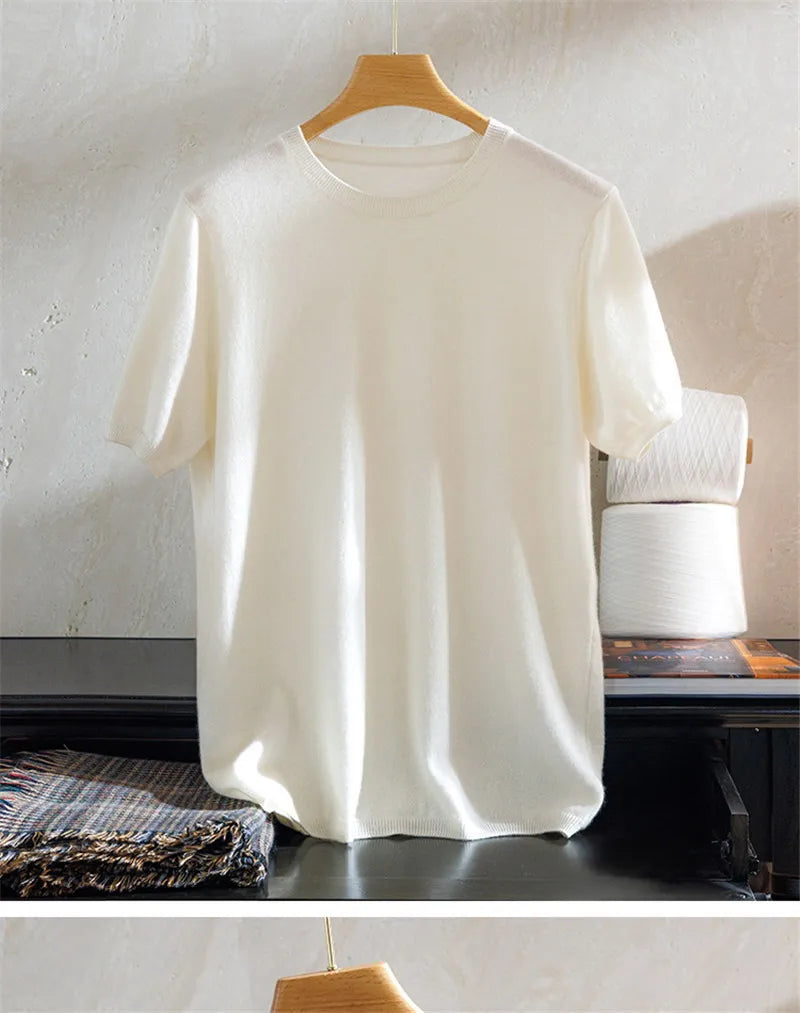Superfine Merino Cashmere Knitted O-neck T-shirt for Men's Clothing Short Sleeve Tee Solid Color Trend Leisure Tee Tops ﻿