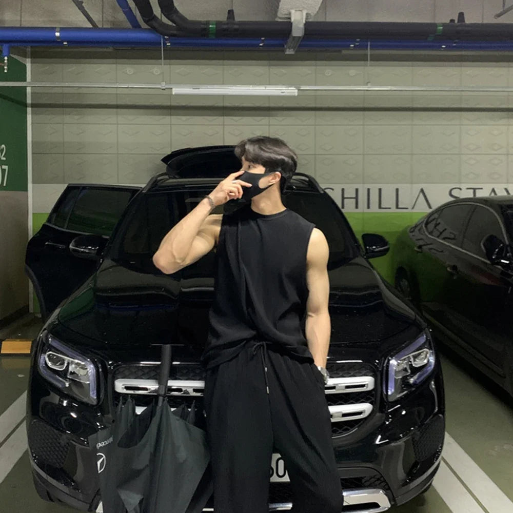 New Summer Clothing Mens Casual Tank Tops Set Luxury Korean Streetwear O Neck Solid Drape Vest and Trousers 2 Piece Suit