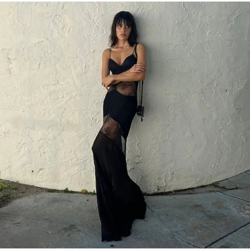 New Sexy Lace V-neck Sling Long Dress Women Retro Black Perspective Sleeveless Patchwork Maxi Dresses Female Chic Street Party