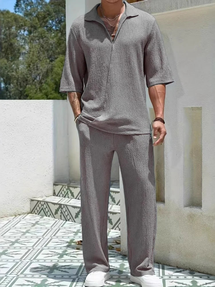 2025 New Spring summer Men's retro casual suit collar solid color half-sleeved shirt loose drawstring pants Two-piece beach Suit