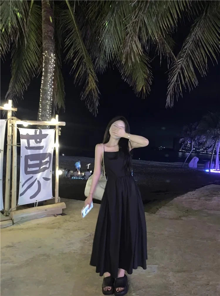 French Style Sexy Open-Back Blue Tank Dress Women's Summer Vacation Beach A- Line Long Dress Beach Vacation Dress