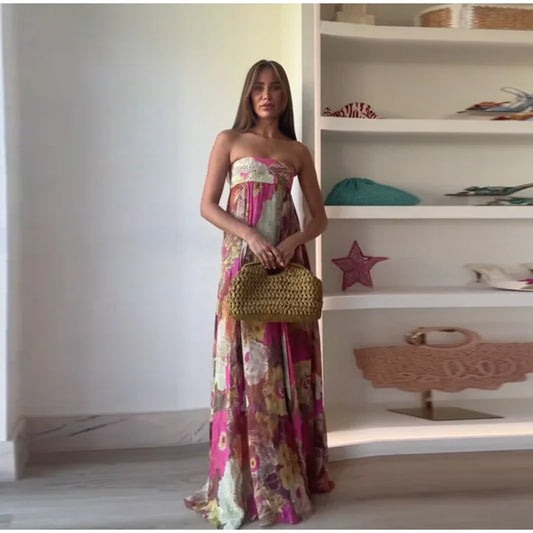 2025 Summer Strapless Dress Printed Women Long Dress Backless Pleats A-line Large Hem Robe Elegant Female Party Holiday Vestidos