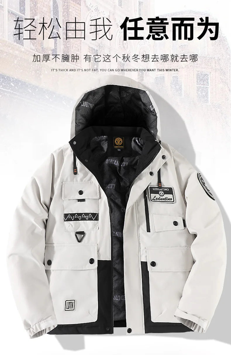 New men's thick padded jacket outdoor warm padded jacket winter men's large size hooded jacket waterproof