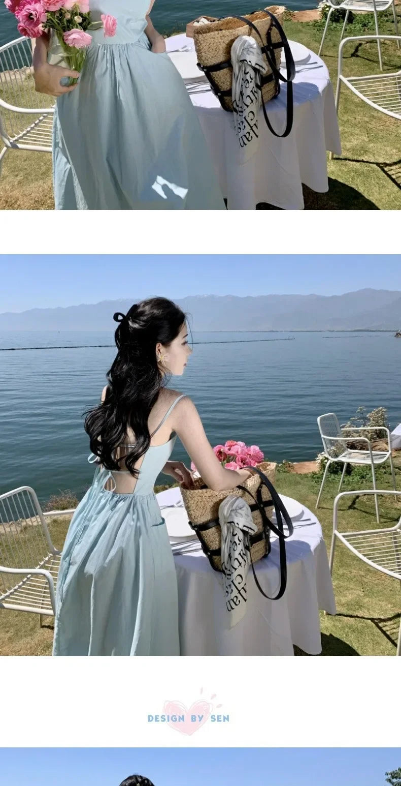 French Style Sexy Open-Back Blue Tank Dress Women's Summer Vacation Beach A- Line Long Dress Beach Vacation Dress