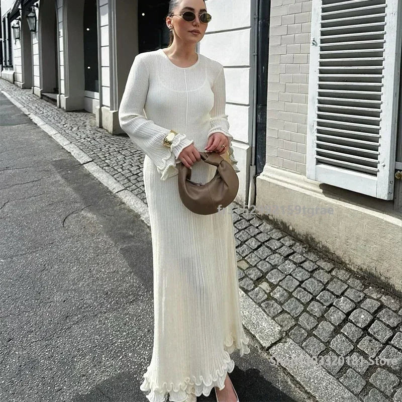Fashion Solid Ruffles Pleated Loose Long Dress Women Elegant Round Neck Flare Long Sleeves Maxi Dresses Lady High Street Wear