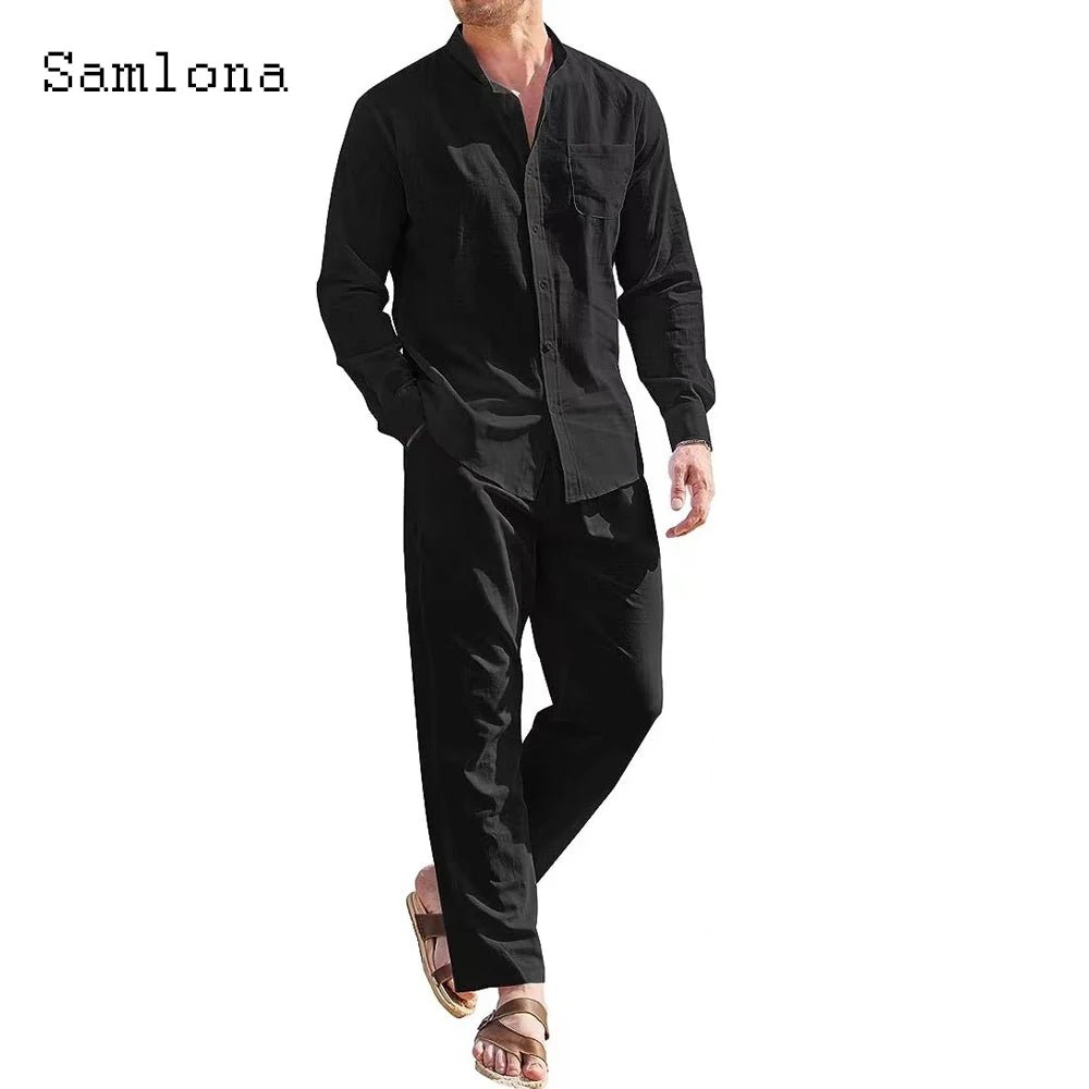 Plus Size Mens Casual Cotton Two Piece Sets 2025 Europe Style Vintage Basic Tops and Solid Pants Suit Male Beach Tracksuits Set