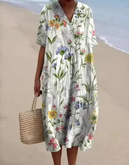 Summer Women Print Dress New Fashion V Neck Short Sleeve Loose Holiday Casual Dresses Female Beach Party Vestidos Robe Femme