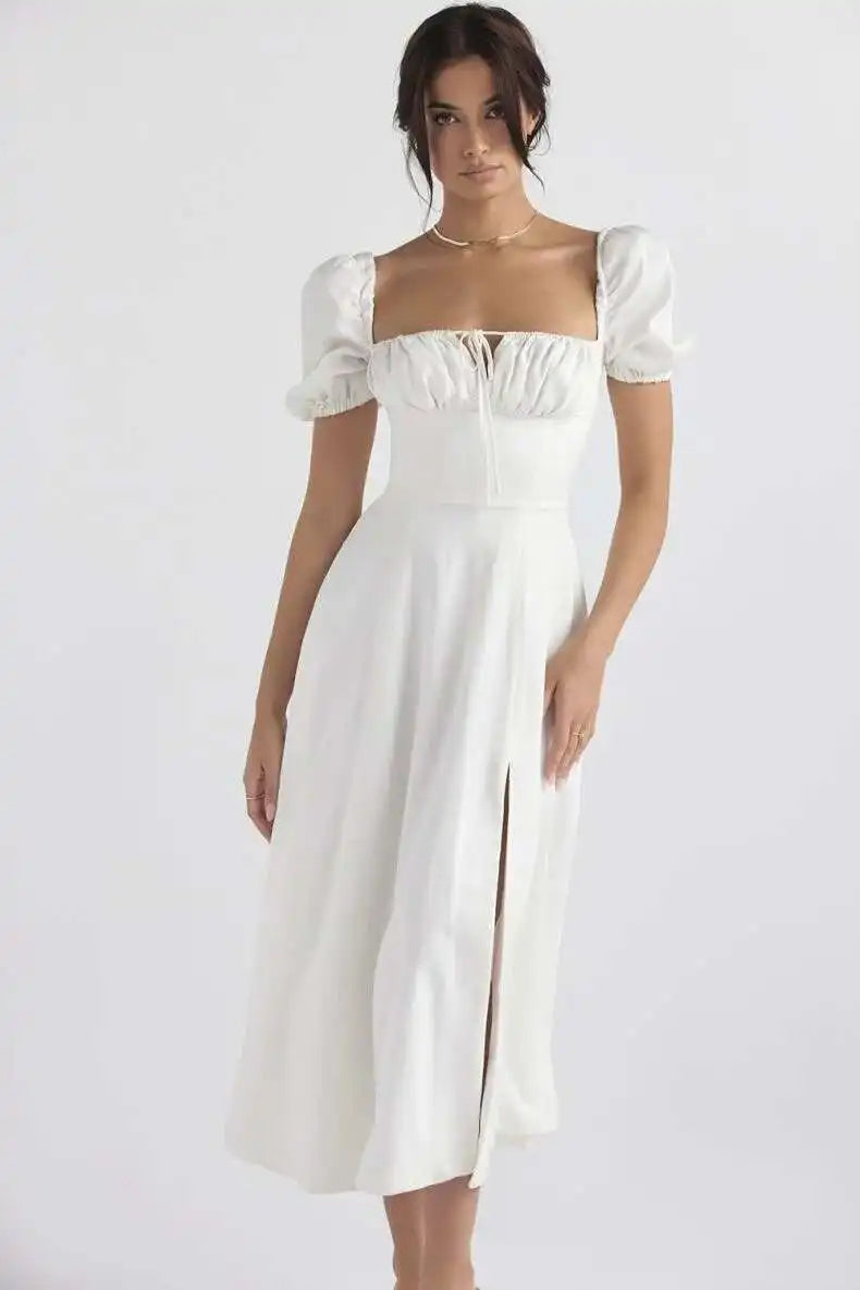 Avrilyaan White Lace Up Pleated Sexy Dress Women 2023 Split Backless Long Summer Dress Vestidos Elegant Holiday Casual Dresses