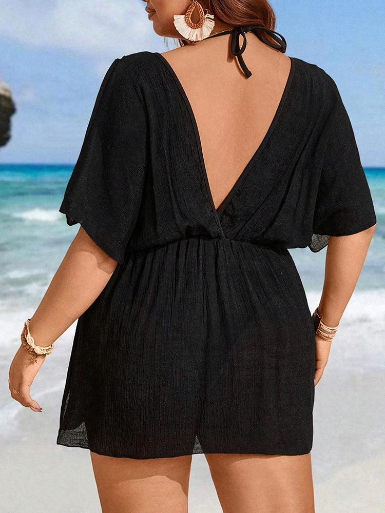 Summer Women Plus Size Bikini Cover Ups Sexy Ladies Chiffon Swimwear Swimsuit Beach Black Sleeve Cover-Up Mini Dress Beachwear