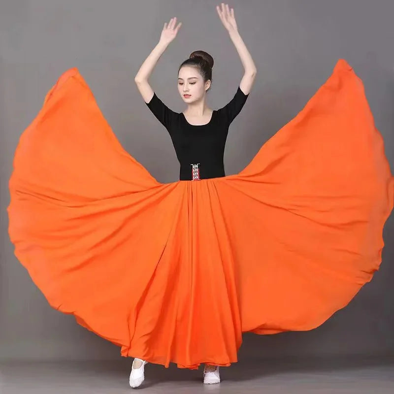 720 Degree Wide Dancing Skirt Chiffon Double Layer Semi-Long Dress Women's Solid Color Xinjiang Dance Skirt