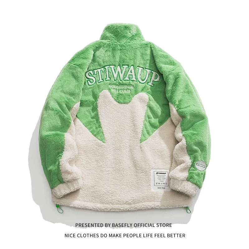Winter Thick Warm Letter Embroid Maple Leaf Lambswool Sheep Fur Like Men Bomber Coat Unisex Women Jacket High Streetwear Couple