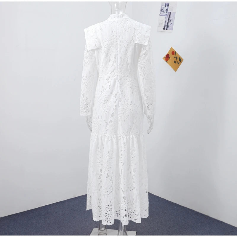 Elegant Lace Hollow Out Long Dress Women High Collar Long Sleeve Slim Solid Dresses 2025 Spring Summer Patchwork Lady Party Robe
