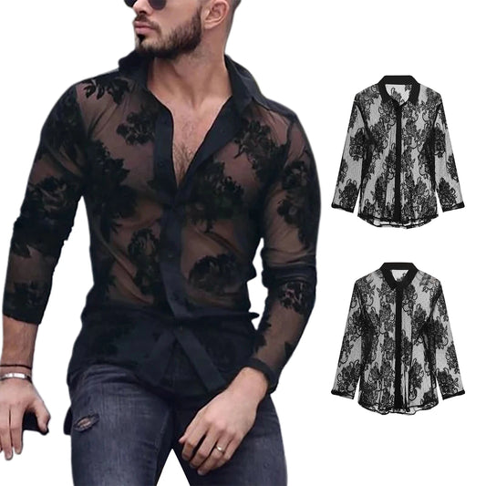 Men's Summer Shirts Lapel Neck Mesh Floral Print Long Sleeve Button-Down Casual Fashion Mature Tops