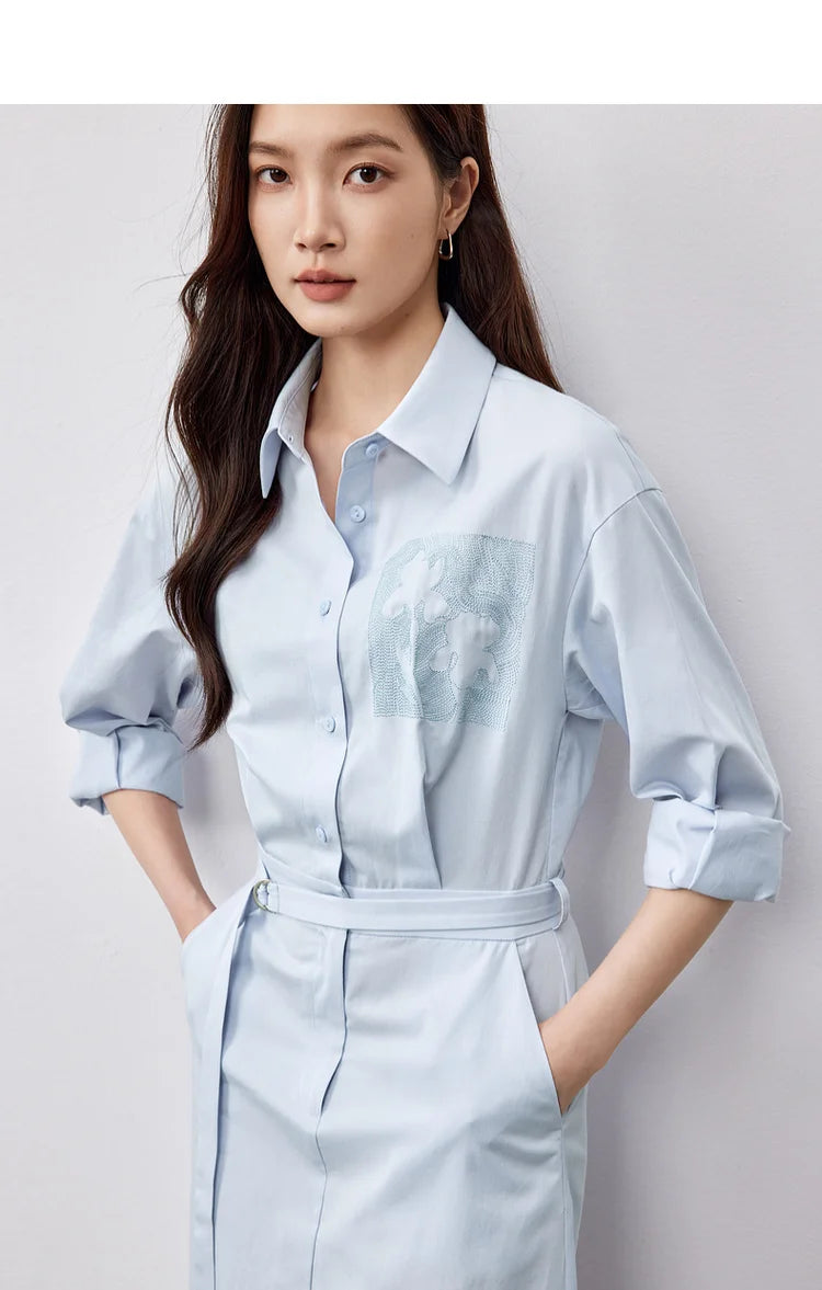 SENTUBILA Lyocell Shirt Dresses Womens 2025 Spring Cotton Embroidery A-line Turn Down Collar Solid Wrap Long Dress 151L58233