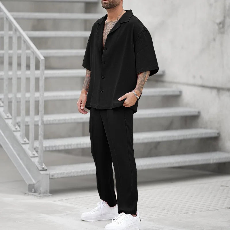 2025 Men's Casual 2PCS Pants Sets Fashion Lapel Shirt Top and Trousers Set Trendy Solid Blazer Pants Two Piece Set Clothing Male