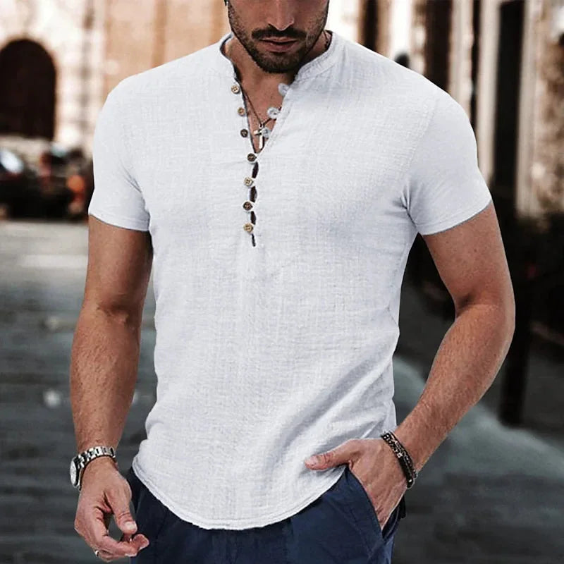 New Men's Short Sleeve T-shirt for Men Button Cotton Linen Shirt Men's Casual Clothes Popular Tops for Men
