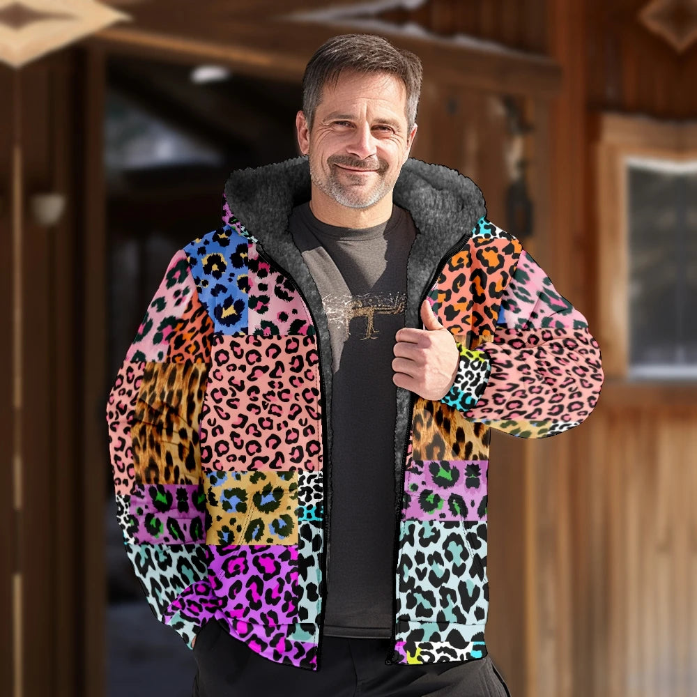 Autumn Winter Fleece Zip Up Hoodies Original Leopard Patchwork Digital Print Men Parka Coat Jackets Outerwear Sweatshirts Street