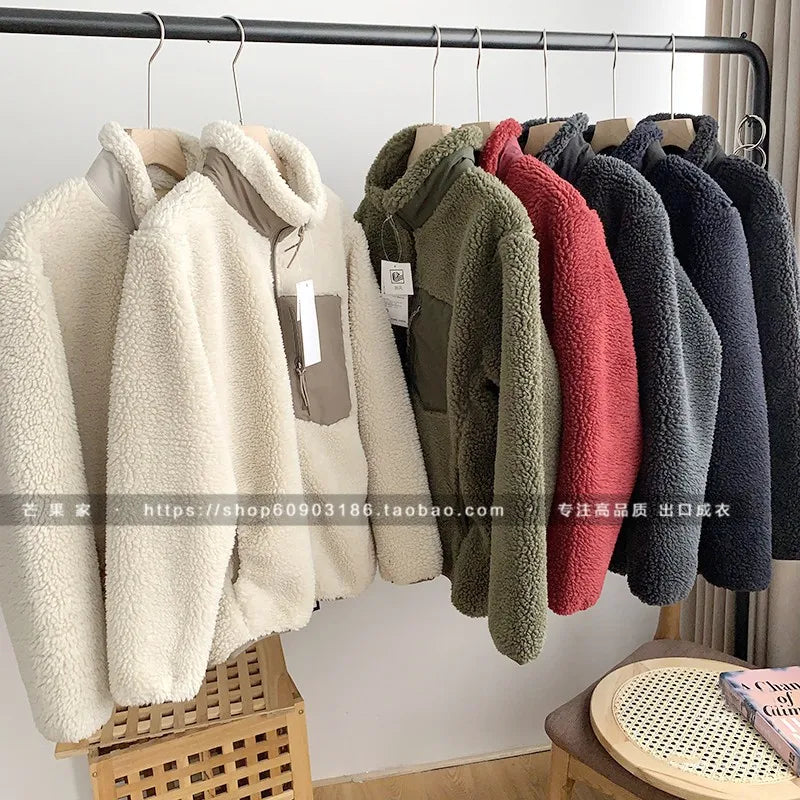 Autumn Winter Lambswool Coat Male Loose Windproof Warm Sherpa Stand Collar Polar Fleece Jacket Unisex Simple  Pocket Spliced Top