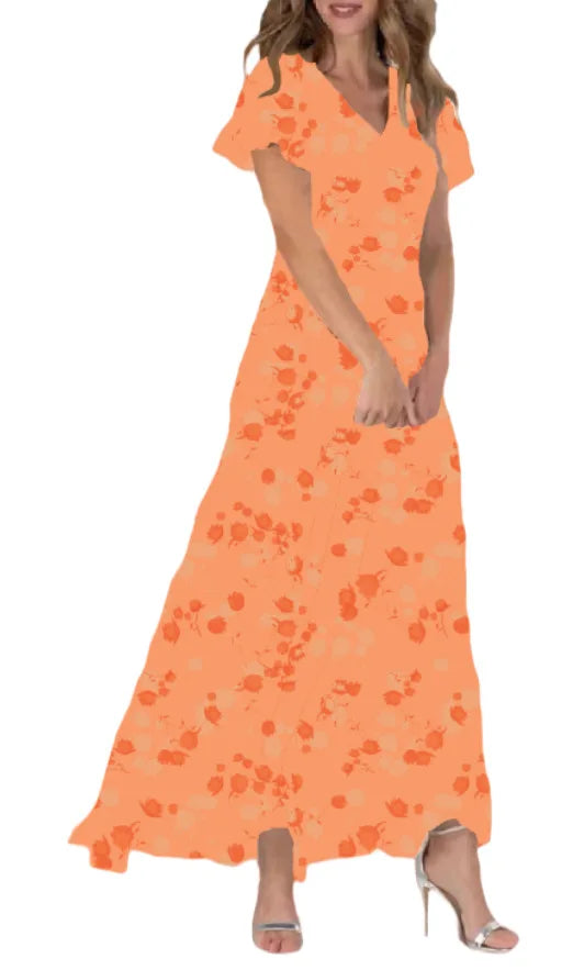 Beach Holiday Chiffon Midi Dress Women Fashion V-neck Short Sleeve Dresses For Women 2024 Summer Floral Print Long Dress Ladies