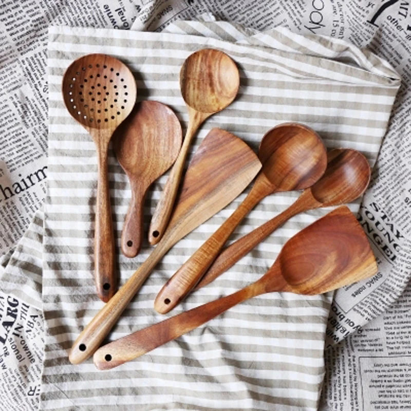 1~9PCS Thailand Teak Natural Wood Tableware Spoon Ladle Turner Long Rice Colander Soup Skimmer Cooking Spoons Scoop Kitchen Tool