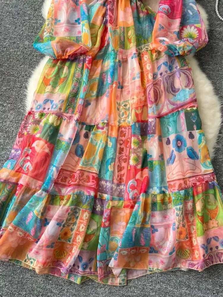 XFPV 2025 Spring New Fashion High-end V-neck Lantern Sleeves High Waist Print Swing Ruffle Edge Chiffon Long Dress Women SM11517