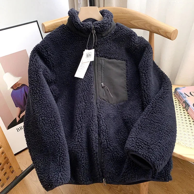 Autumn Winter Lambswool Coat Male Loose Windproof Warm Sherpa Stand Collar Polar Fleece Jacket Unisex Simple  Pocket Spliced Top